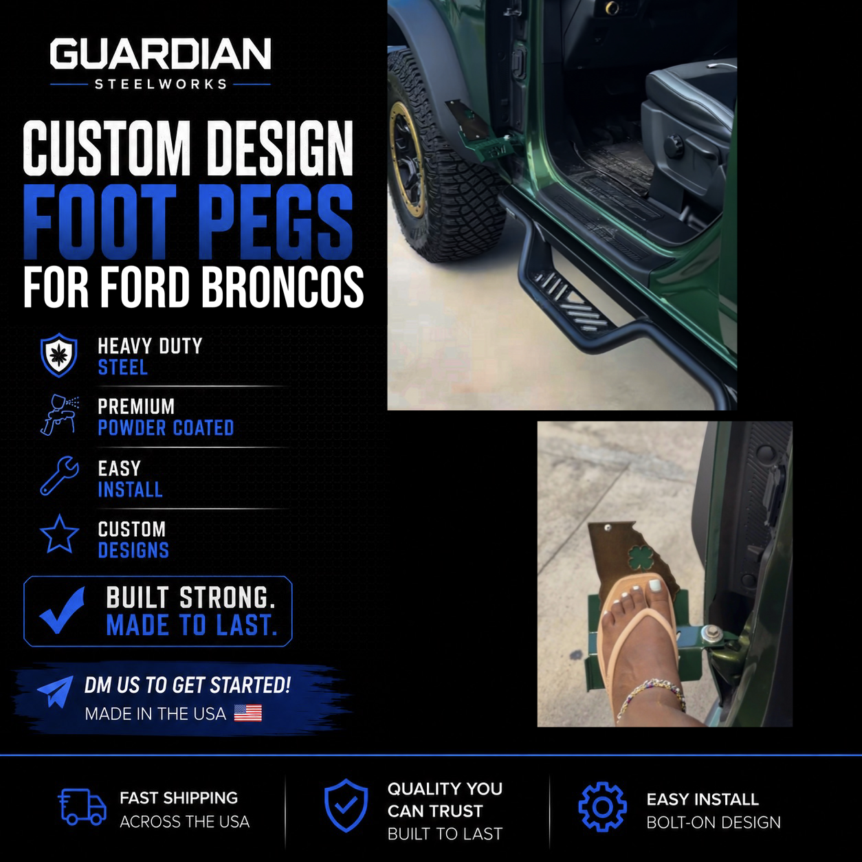 Custom Foot Pegs Compatible with Ford Bronco | Personalized Door-Off Foot Rests | Steel Powder Coated Accessories | Custom Design