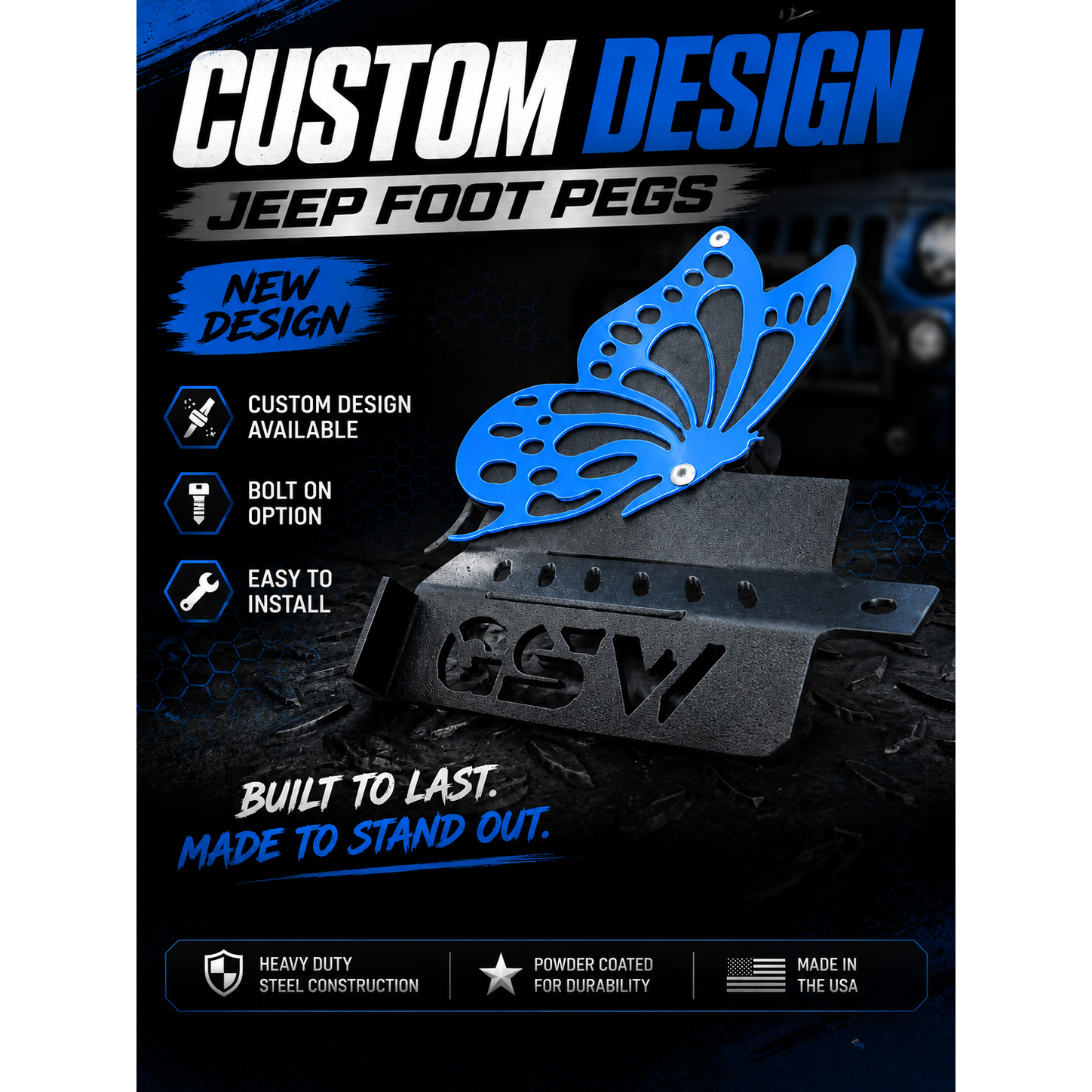 NEW Custom Design Jeep Foot Pegs | Personalized Jeep Wrangler Foot Pegs | Aftermarket Jeep Accessories | Powder Coated Steel | Fits Most Jeeps