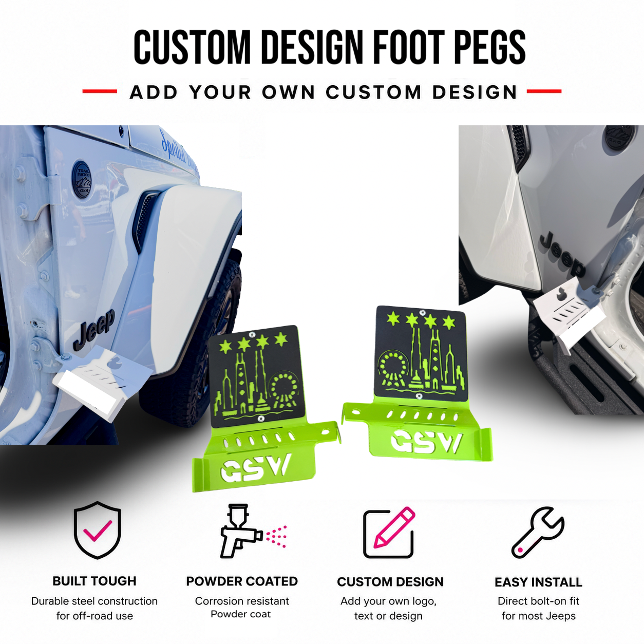 Custom Design Jeep Foot Pegs | Personalized Jeep Wrangler Foot Pegs | Aftermarket Jeep Accessories | Powder Coated Steel | Fits Most Jeeps