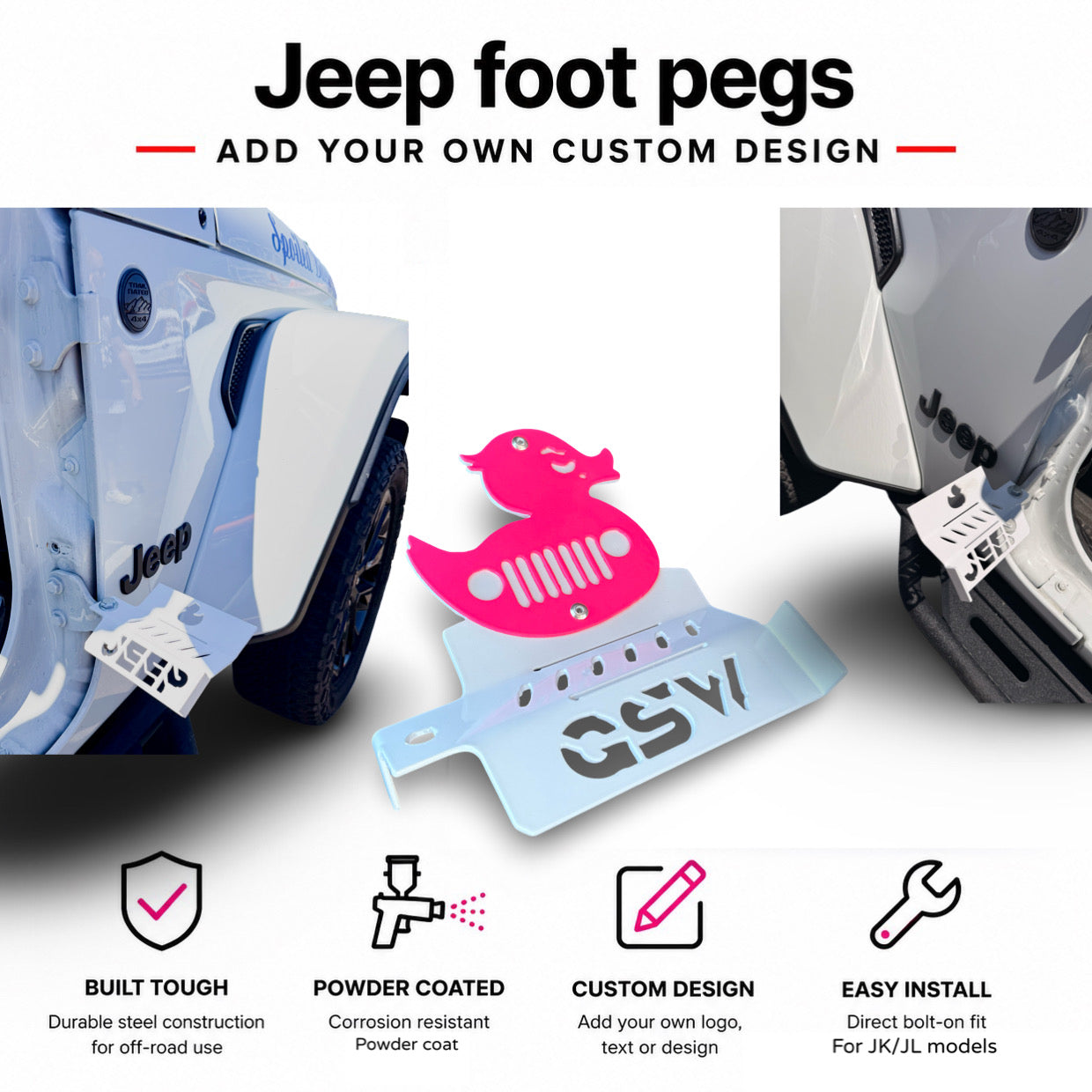 NEW Custom Design Jeep Foot Pegs | Personalized Jeep Wrangler Foot Pegs | Aftermarket Jeep Accessories | Powder Coated Steel | Fits Most Jeeps