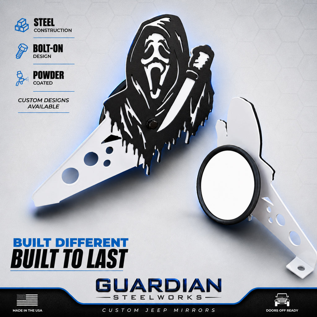 Ghost face side mirrors for Wrangler & Gladiator Aftermarket Jeep Accessories | Powder Coated Steel | Fits Most Jeeps