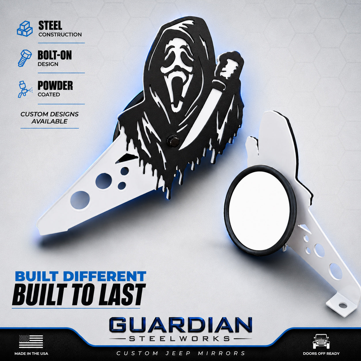 Ghost face side mirrors for Wrangler & Gladiator Aftermarket Jeep Accessories | Powder Coated Steel | Fits Most Jeeps